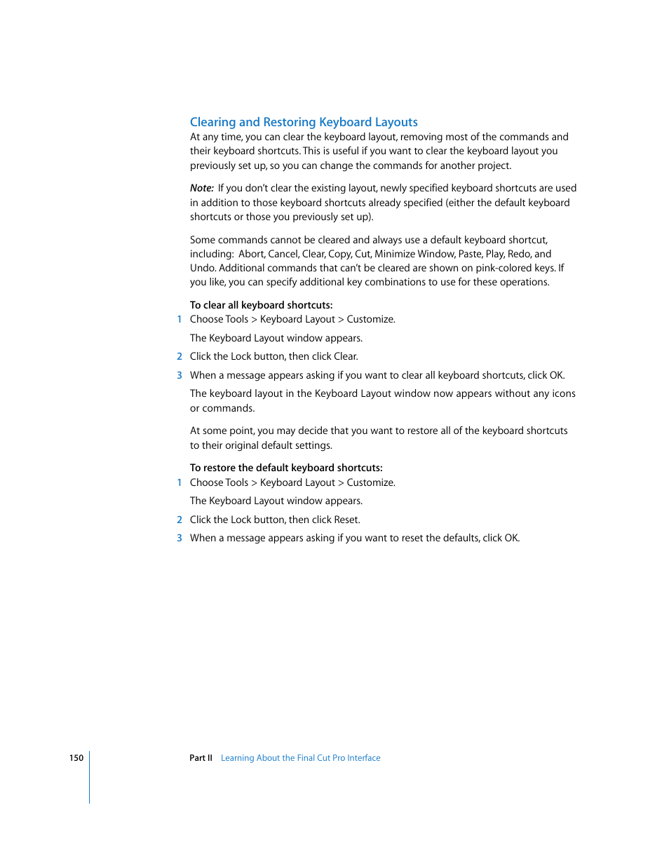 Clearing and restoring keyboard layouts, Clearing and restoring, Keyboard layouts | Apple Final Cut Pro 5 User Manual | Page 151 / 1868
