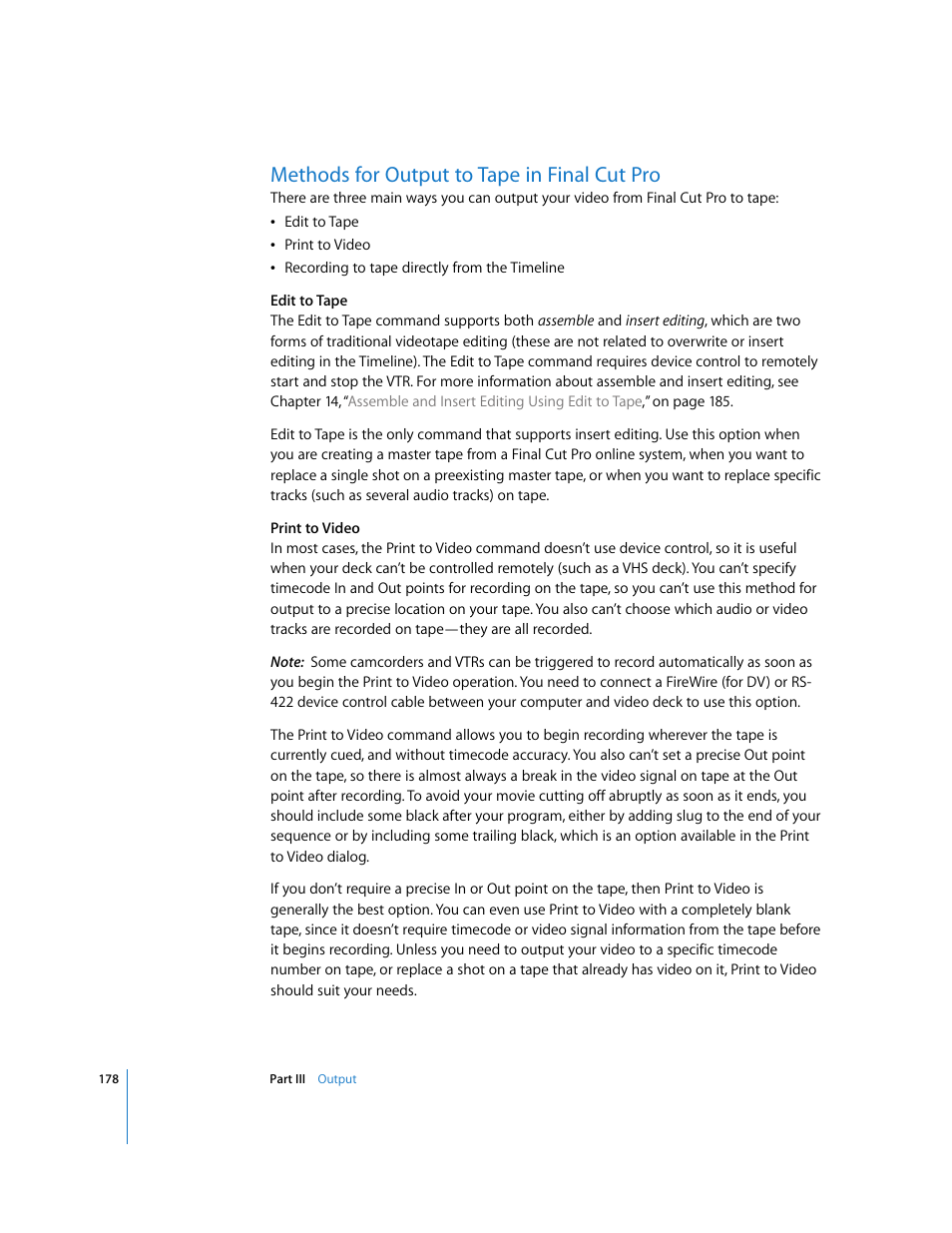 Methods for output to tape in final cut pro, P. 178) | Apple Final Cut Pro 5 User Manual | Page 1529 / 1868