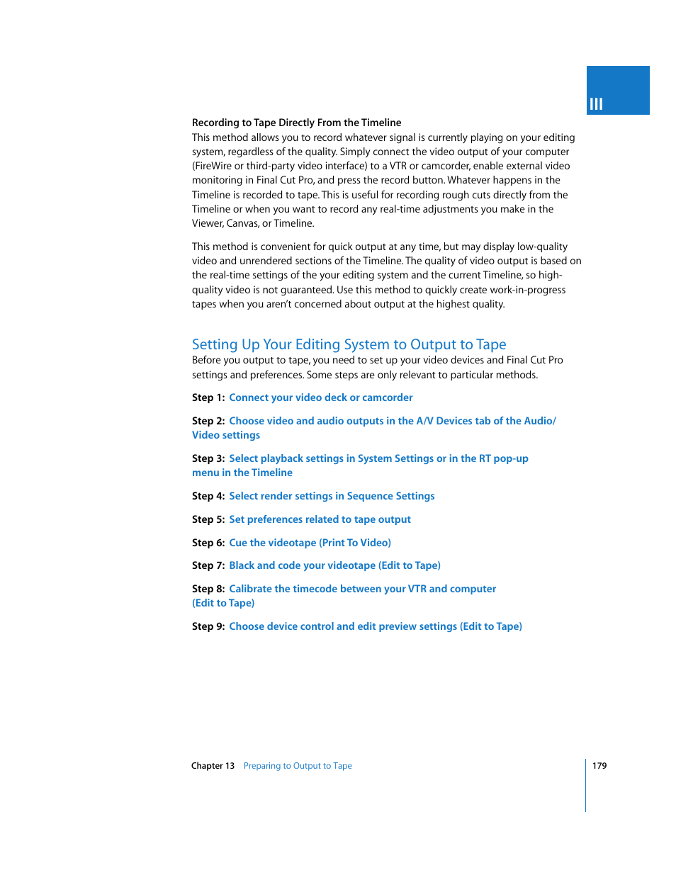 Setting up your editing system to output to tape, P. 179) | Apple Final Cut Pro 5 User Manual | Page 1530 / 1868