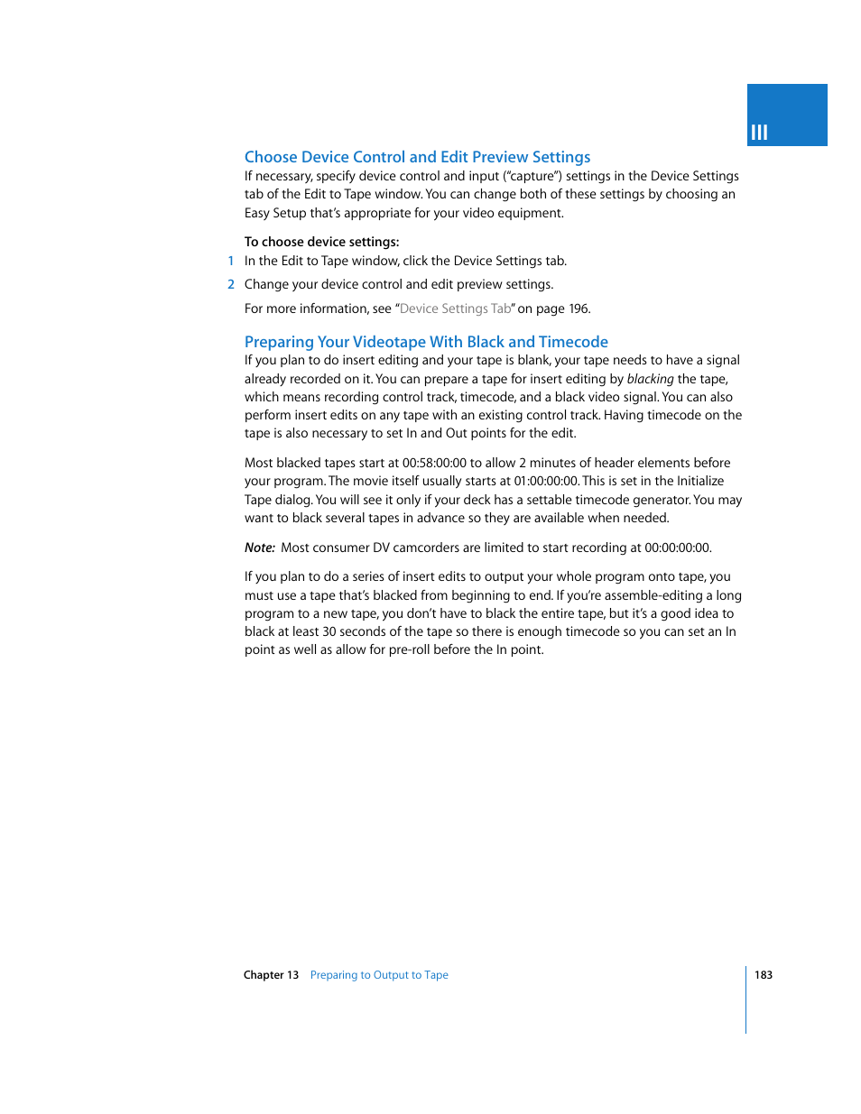 Choose device control and edit preview settings, Preparing your videotape with black and timecode | Apple Final Cut Pro 5 User Manual | Page 1534 / 1868
