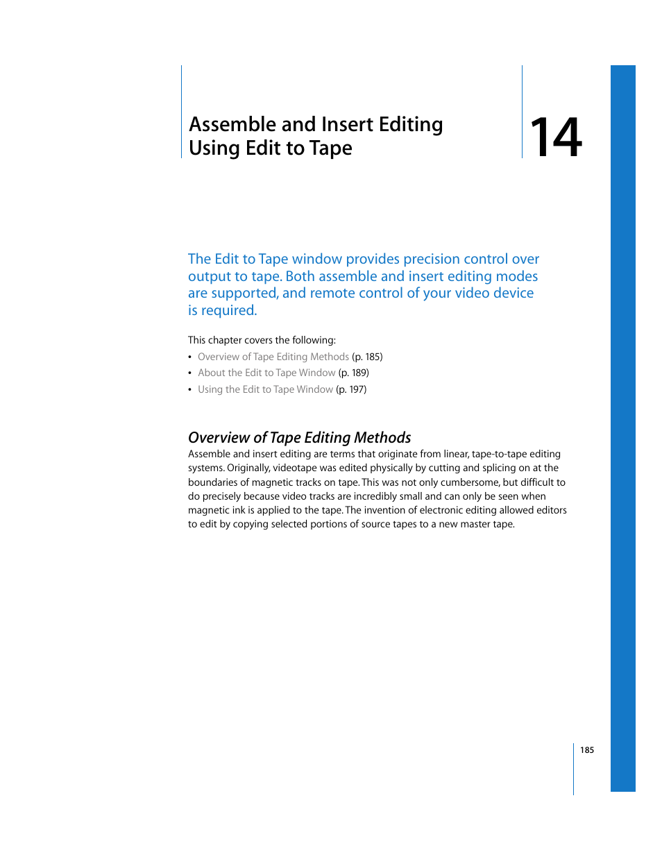 Assemble and insert editing using edit to tape, Overview of tape editing methods, Chapter 14 | Apple Final Cut Pro 5 User Manual | Page 1536 / 1868