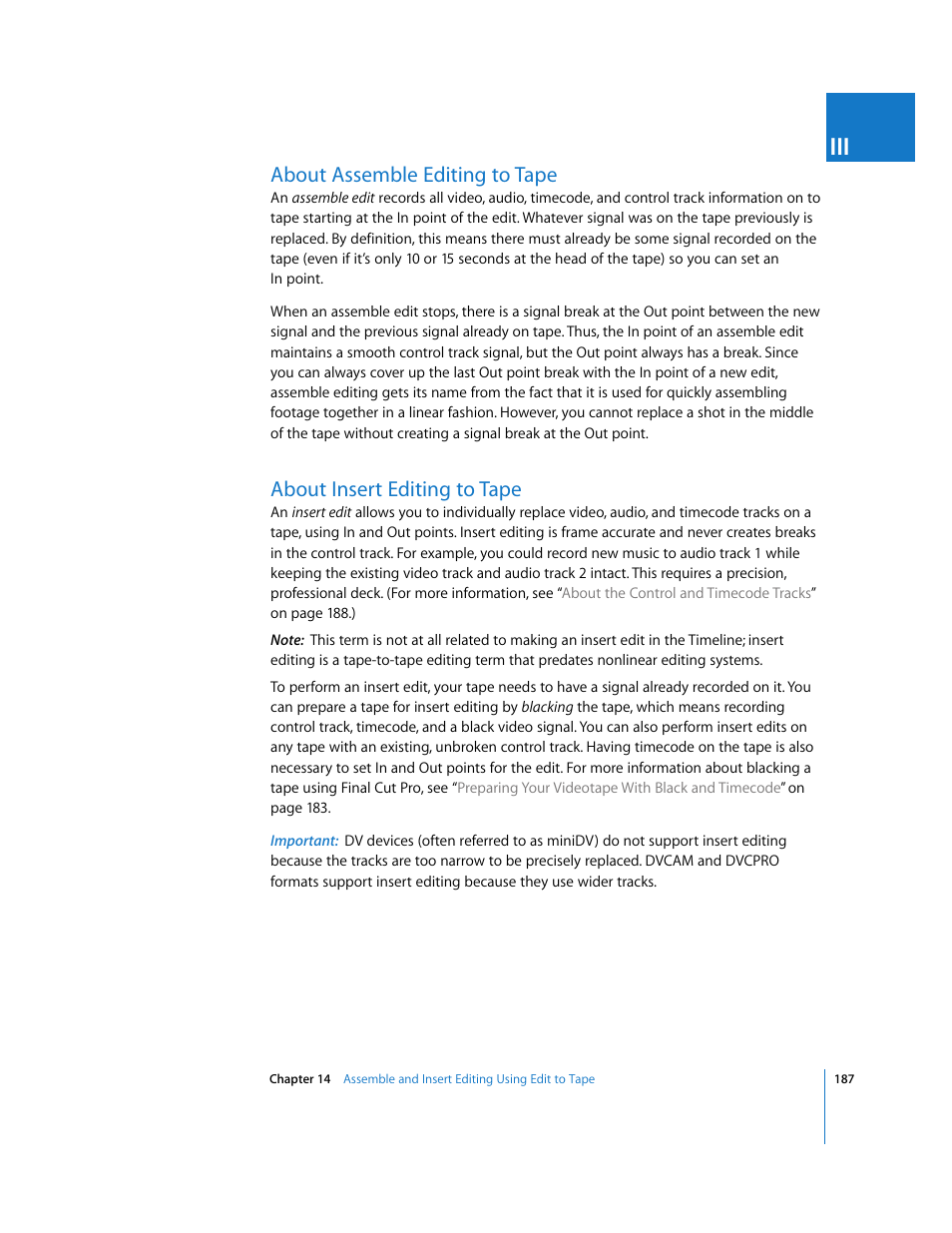 About assemble editing to tape, About insert editing to tape | Apple Final Cut Pro 5 User Manual | Page 1538 / 1868