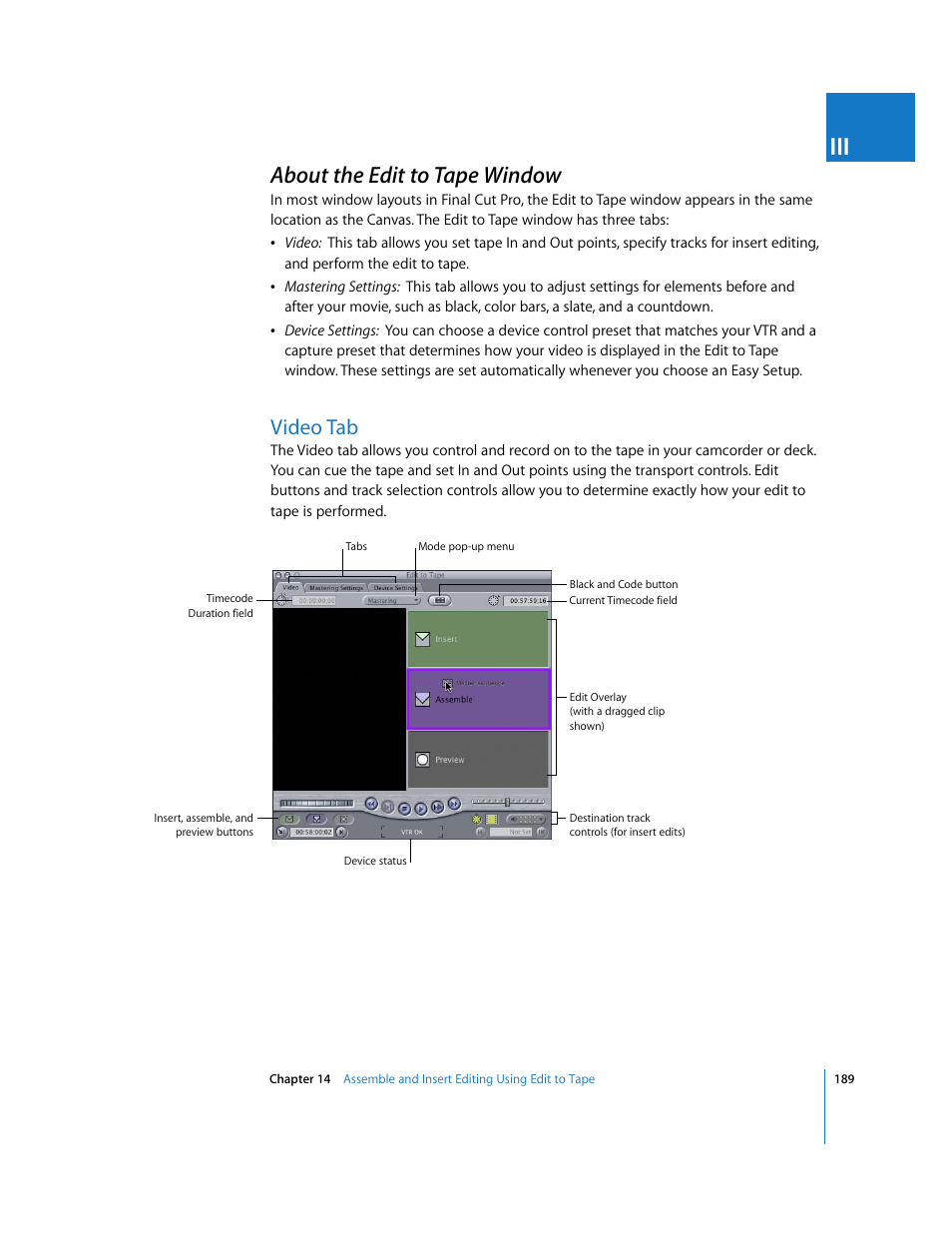 About the edit to tape window, Video tab, P. 189) | Apple Final Cut Pro 5 User Manual | Page 1540 / 1868