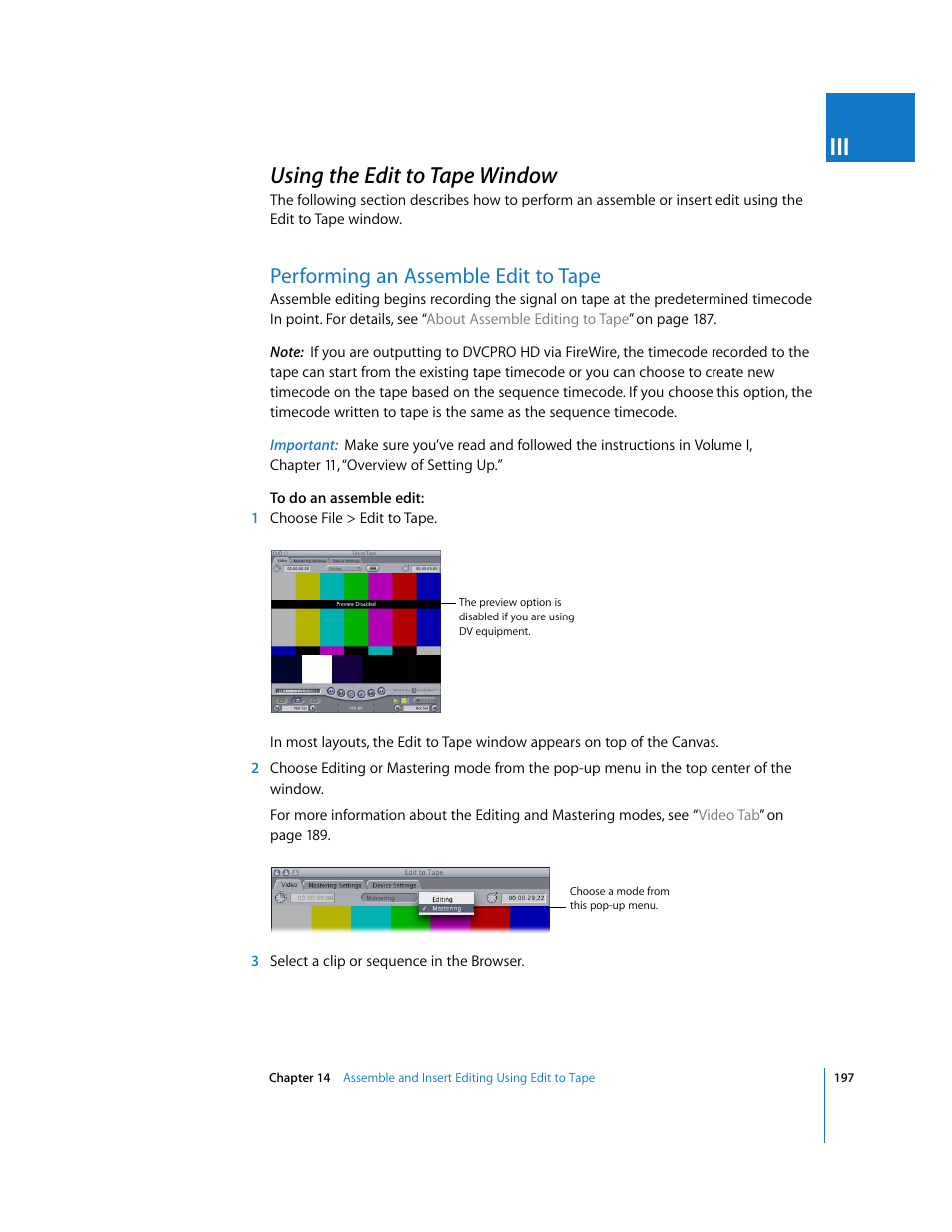 Using the edit to tape window, Performing an assemble edit to tape, P. 197) | Apple Final Cut Pro 5 User Manual | Page 1548 / 1868