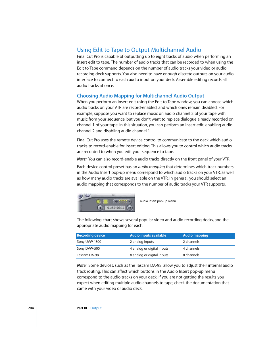 Using edit to tape to output multichannel audio, Choosing audio mapping for multichannel audio, Output | Apple Final Cut Pro 5 User Manual | Page 1555 / 1868
