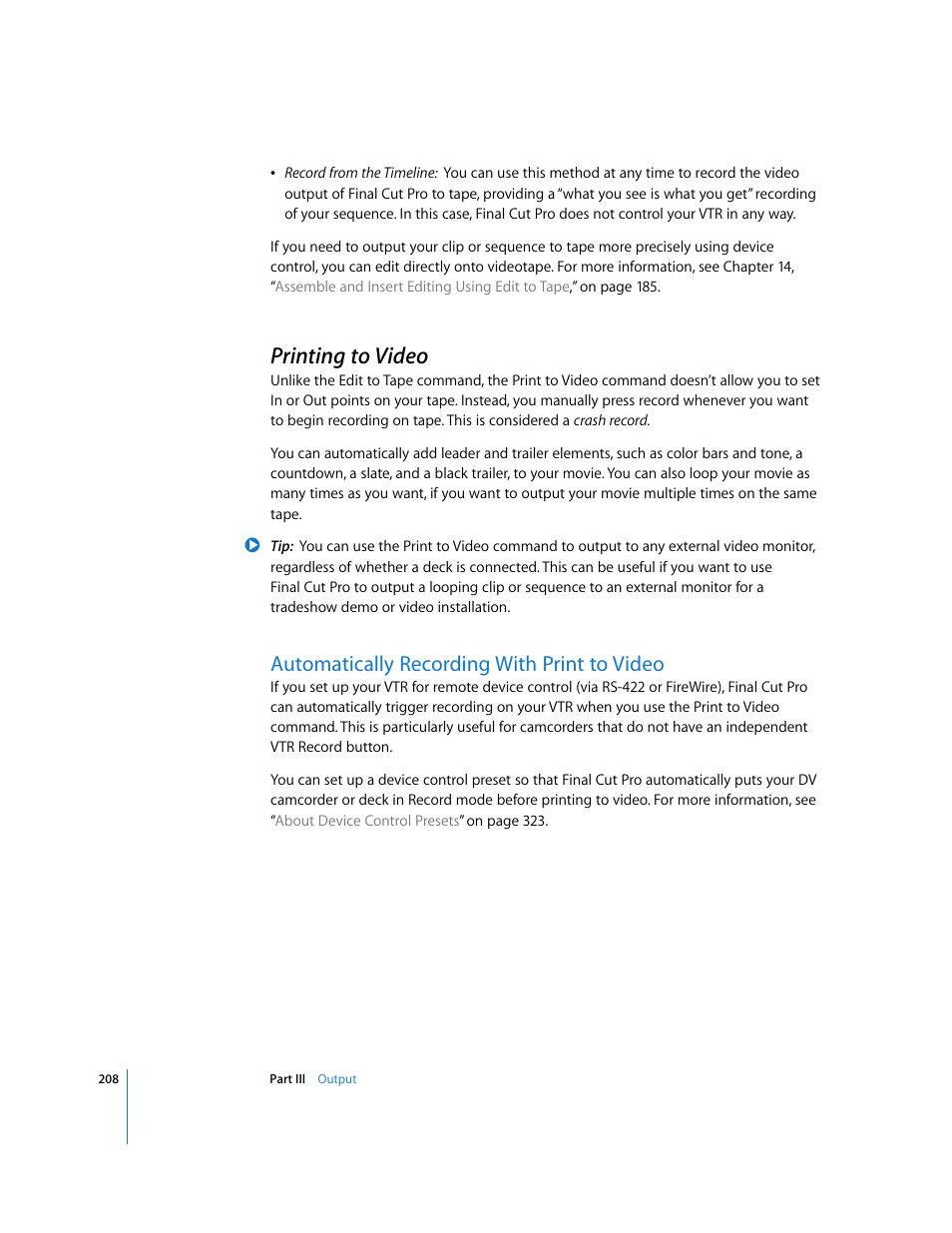 Printing to video, Automatically recording with print to video, P. 208) | Apple Final Cut Pro 5 User Manual | Page 1559 / 1868