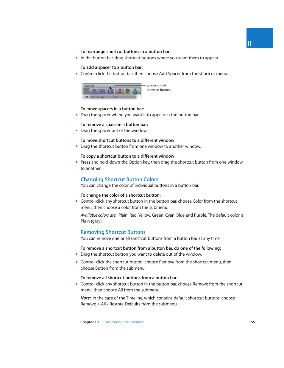 Changing shortcut button colors, Removing shortcut buttons, E (see | Removing shortcut, Buttons | Apple Final Cut Pro 5 User Manual | Page 156 / 1868