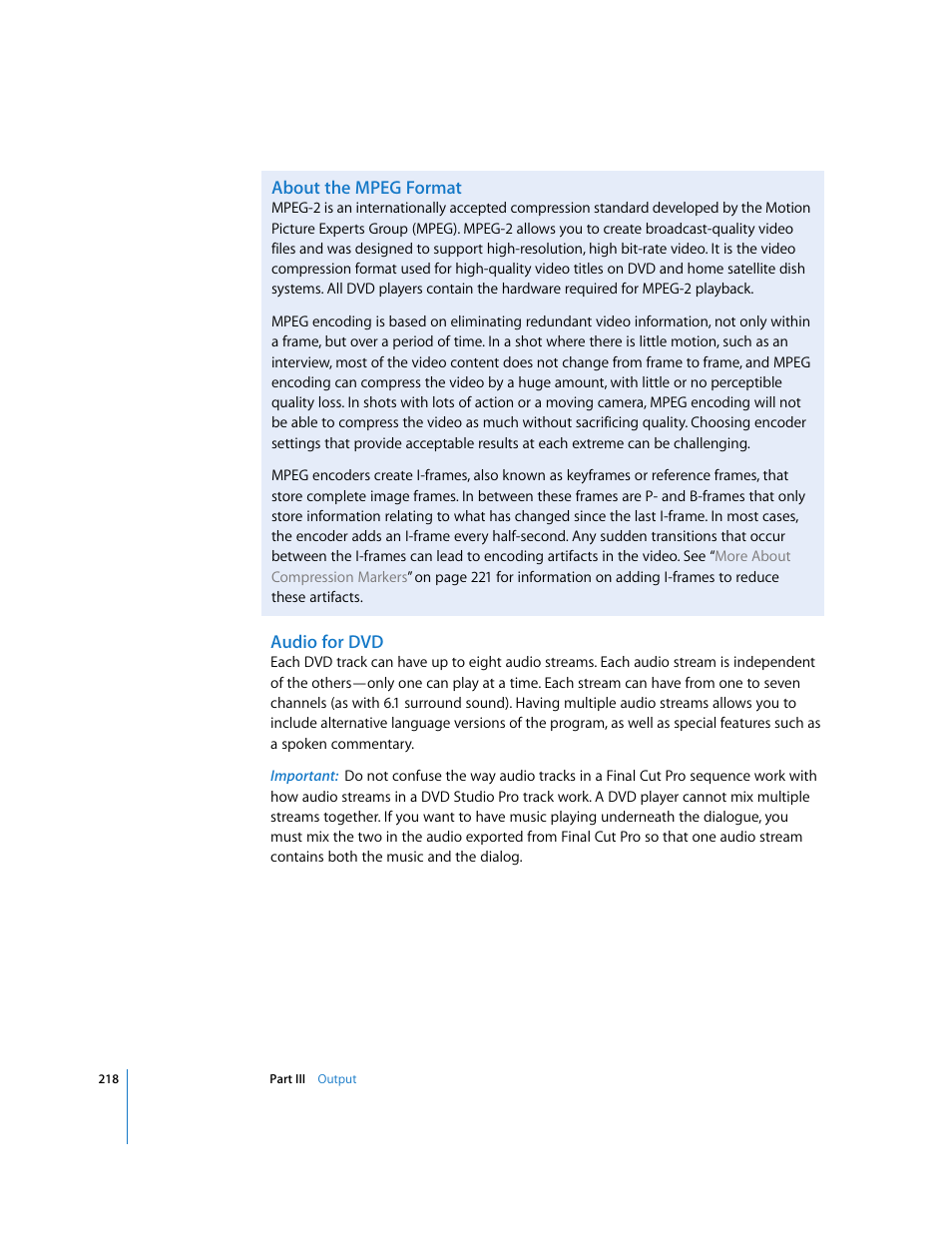 About the mpeg format, Audio for dvd | Apple Final Cut Pro 5 User Manual | Page 1569 / 1868