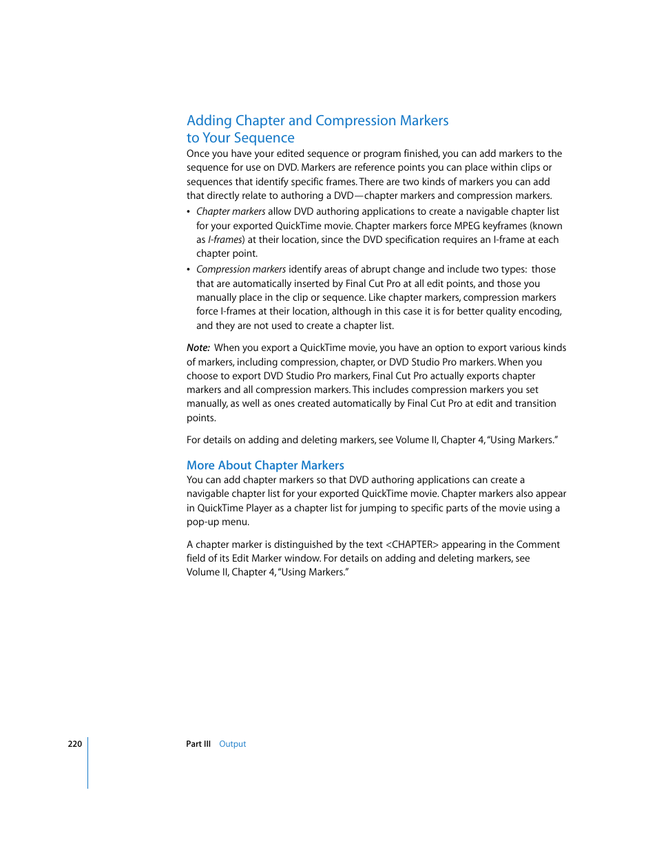 More about chapter markers, P. 220), Adding chapter and | Compression markers to your sequence | Apple Final Cut Pro 5 User Manual | Page 1571 / 1868