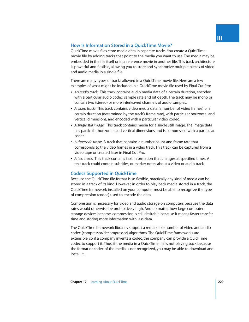 How is information stored in a quicktime movie, Codecs supported in quicktime | Apple Final Cut Pro 5 User Manual | Page 1580 / 1868