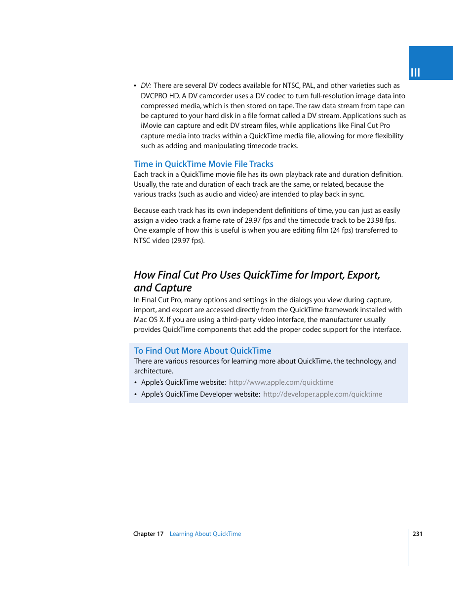 Time in quicktime movie file tracks, To find out more about quicktime, P. 231) | Apple Final Cut Pro 5 User Manual | Page 1582 / 1868