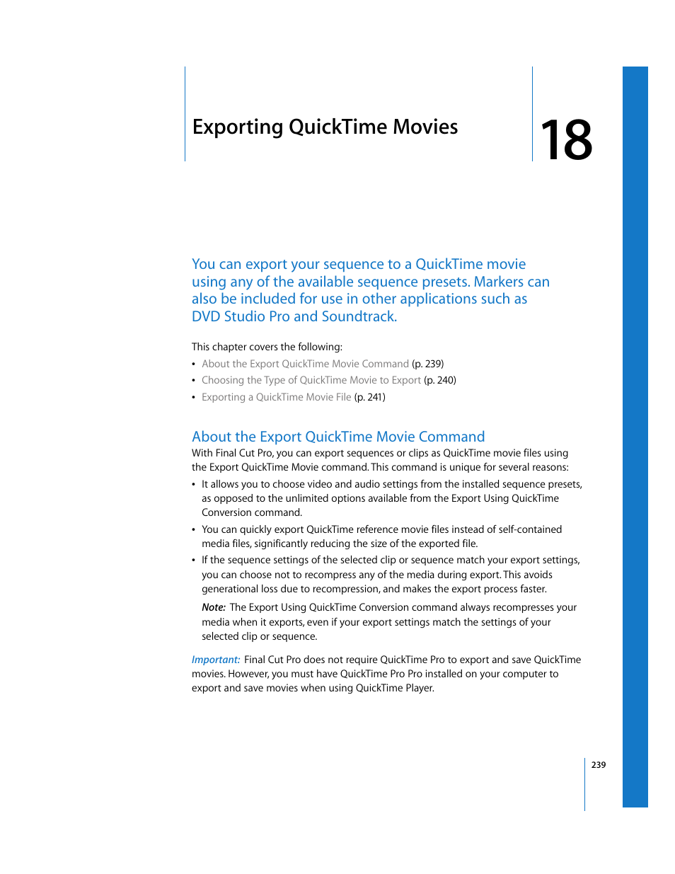 Exporting quicktime movies, About the export quicktime movie command, Chapter 18 | Apple Final Cut Pro 5 User Manual | Page 1590 / 1868