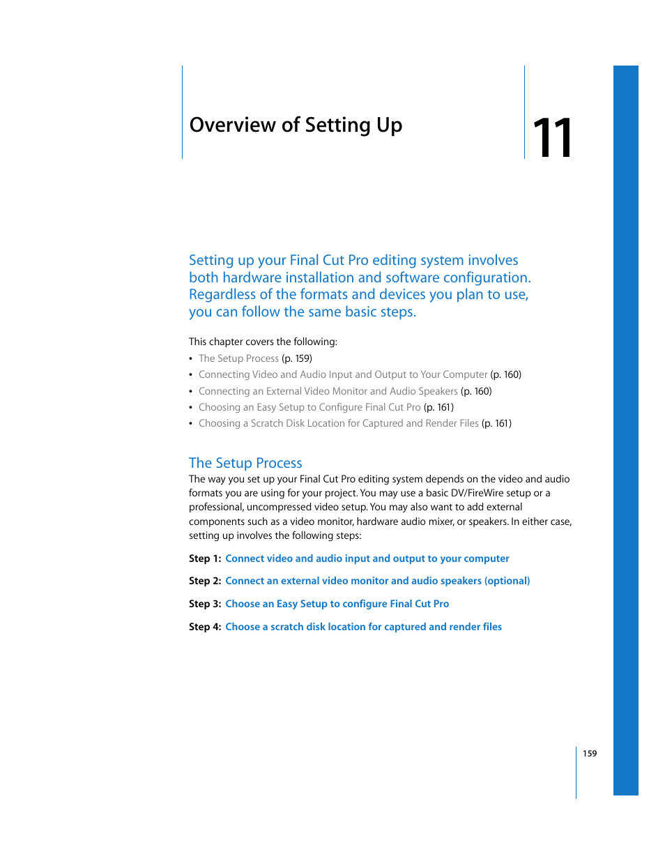 Overview of setting up, The setup process, Chapter 11 | Apple Final Cut Pro 5 User Manual | Page 160 / 1868