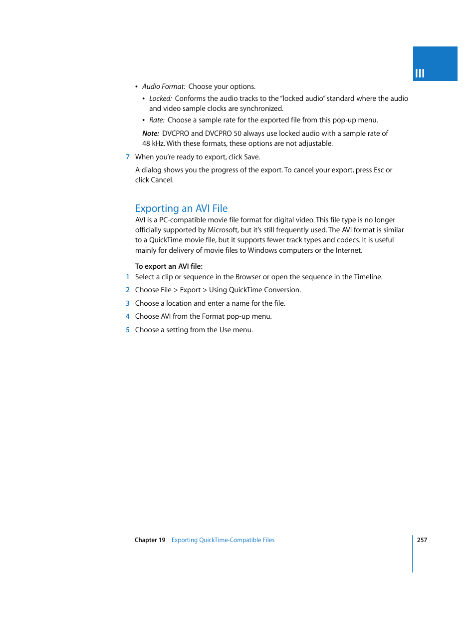 Exporting an avi file, P. 257), Exporting an | Avi file | Apple Final Cut Pro 5 User Manual | Page 1608 / 1868
