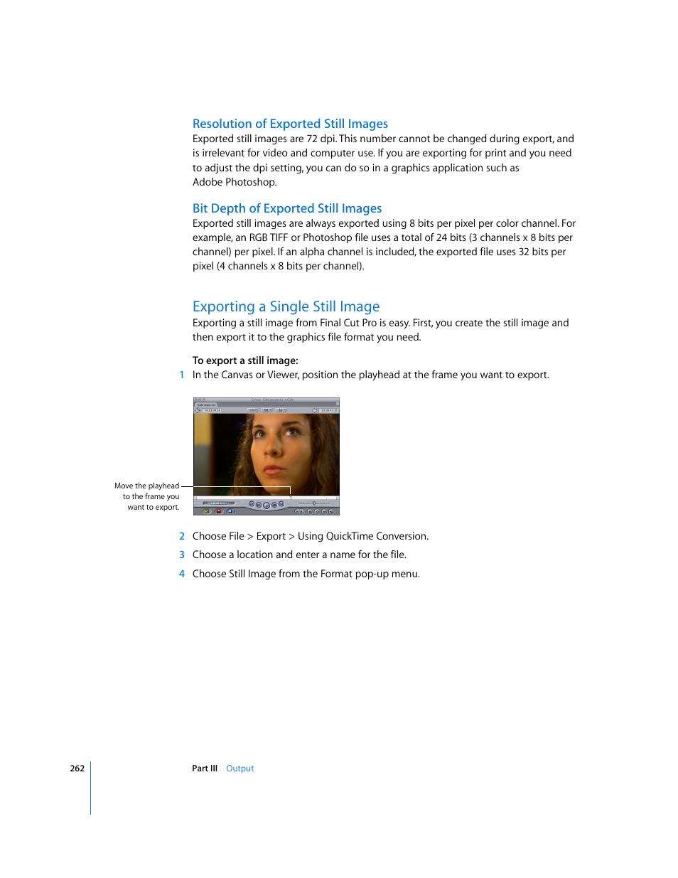 Resolution of exported still images, Bit depth of exported still images, Exporting a single still image | P. 262) | Apple Final Cut Pro 5 User Manual | Page 1613 / 1868