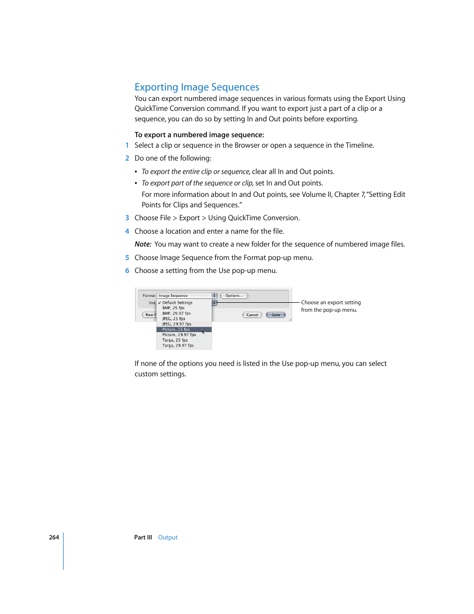 Exporting image sequences, Exporting, Image sequences | P. 264) | Apple Final Cut Pro 5 User Manual | Page 1615 / 1868