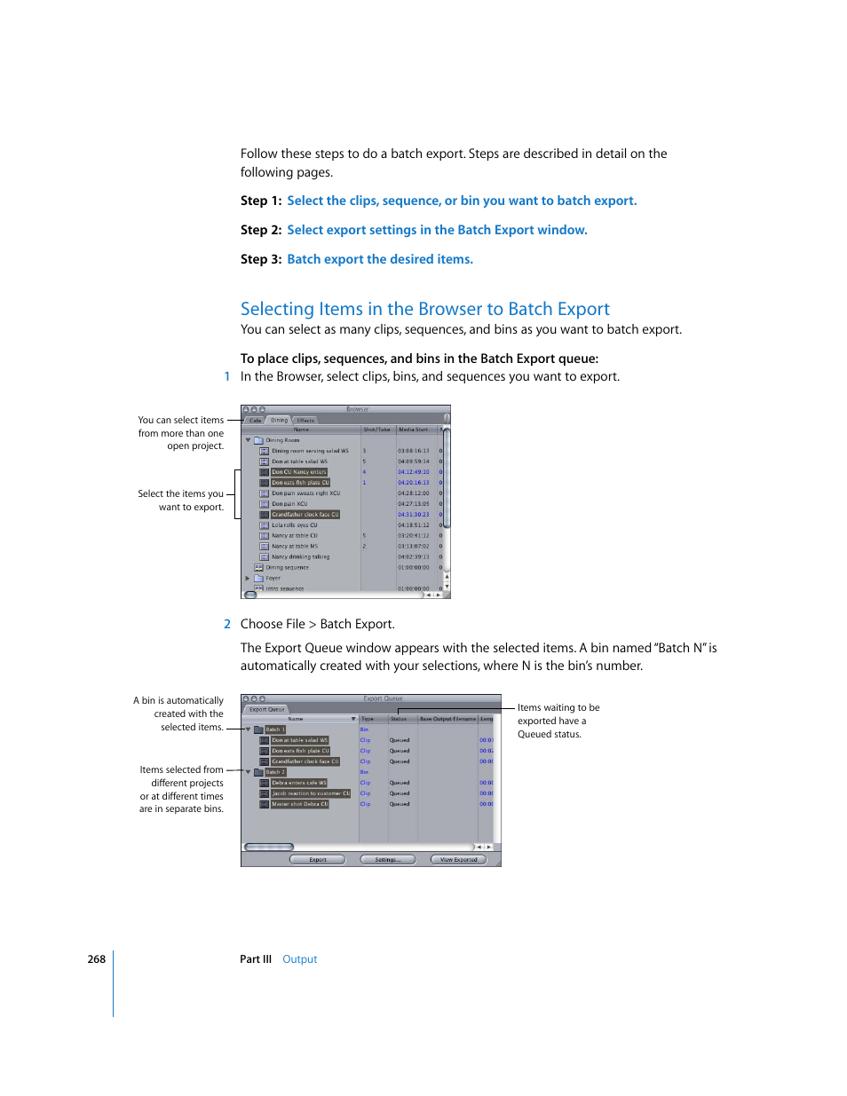 Selecting items in the browser to batch export, P. 268) | Apple Final Cut Pro 5 User Manual | Page 1619 / 1868