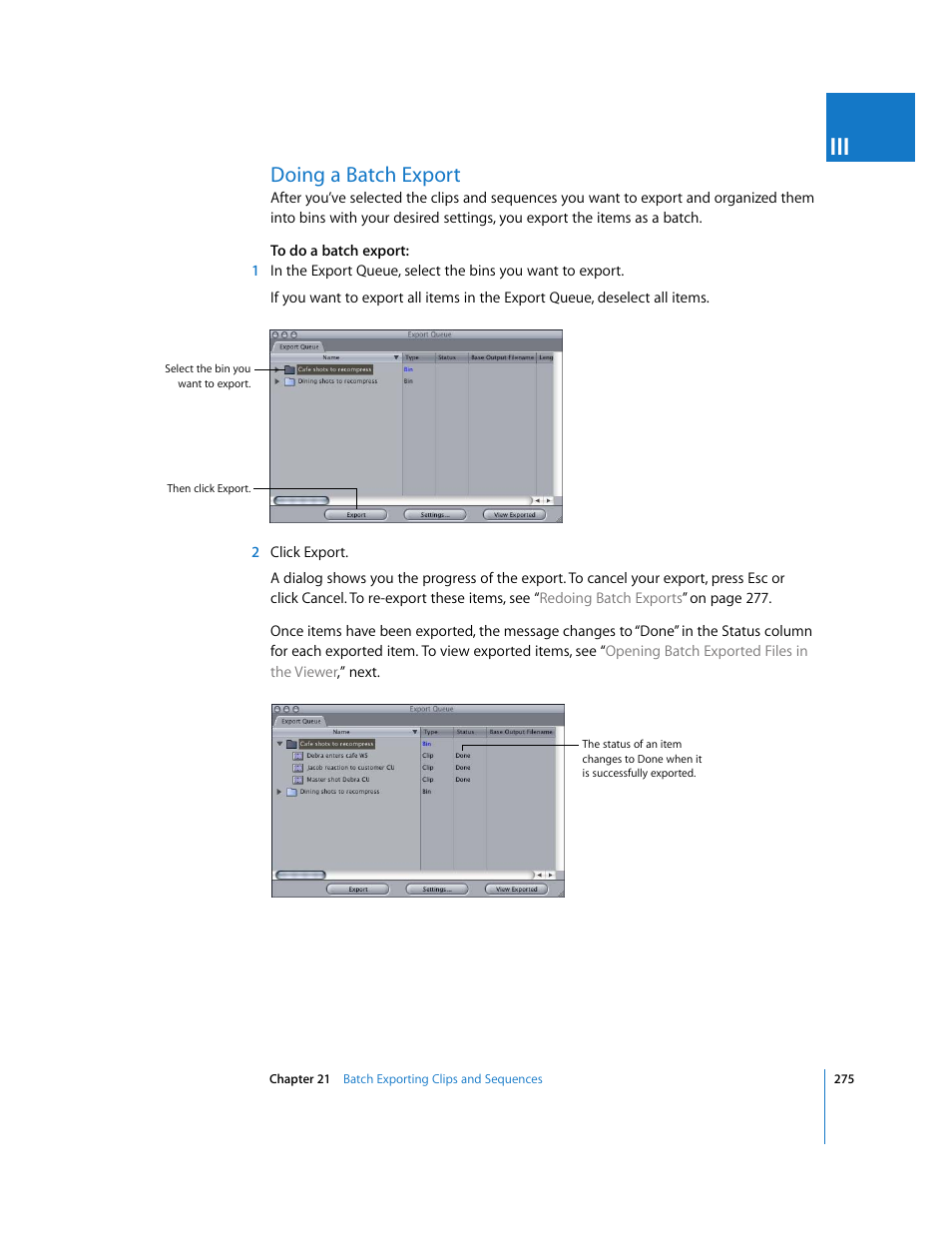 Doing a batch export, P. 275), Doing | A batch export | Apple Final Cut Pro 5 User Manual | Page 1626 / 1868