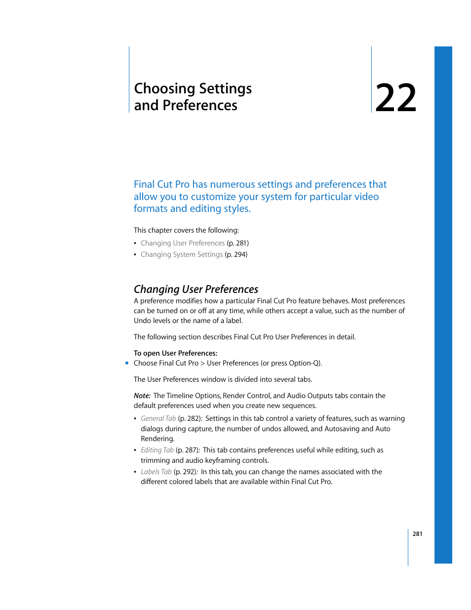 Choosing settings and preferences, Changing user preferences, Chapter 22 | Apple Final Cut Pro 5 User Manual | Page 1632 / 1868