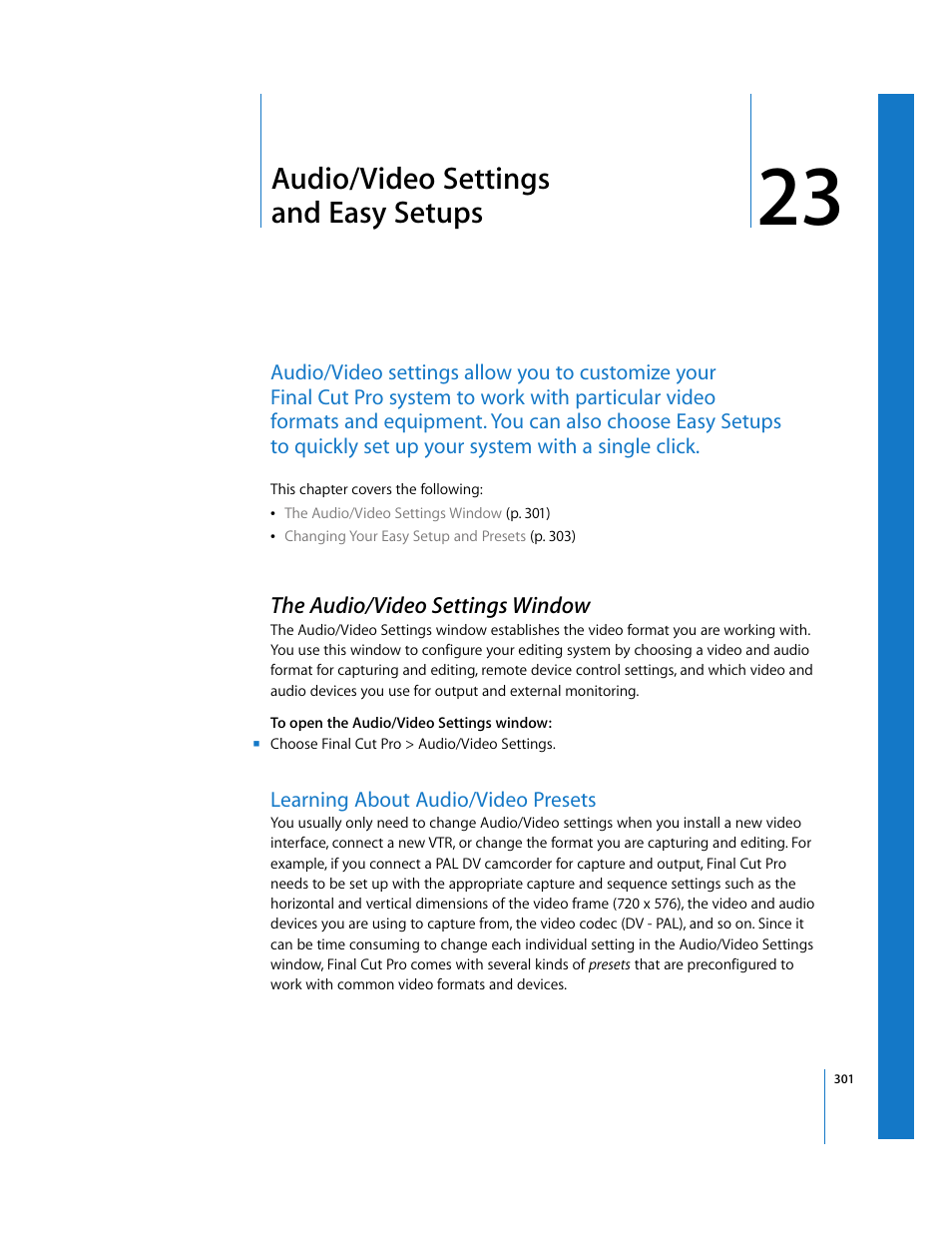 Audio/video settings and easy setups, The audio/video settings window, Learning about audio/video presets | Chapter 23, See chapter 23, Audio, Video settings and easy setups | Apple Final Cut Pro 5 User Manual | Page 1652 / 1868