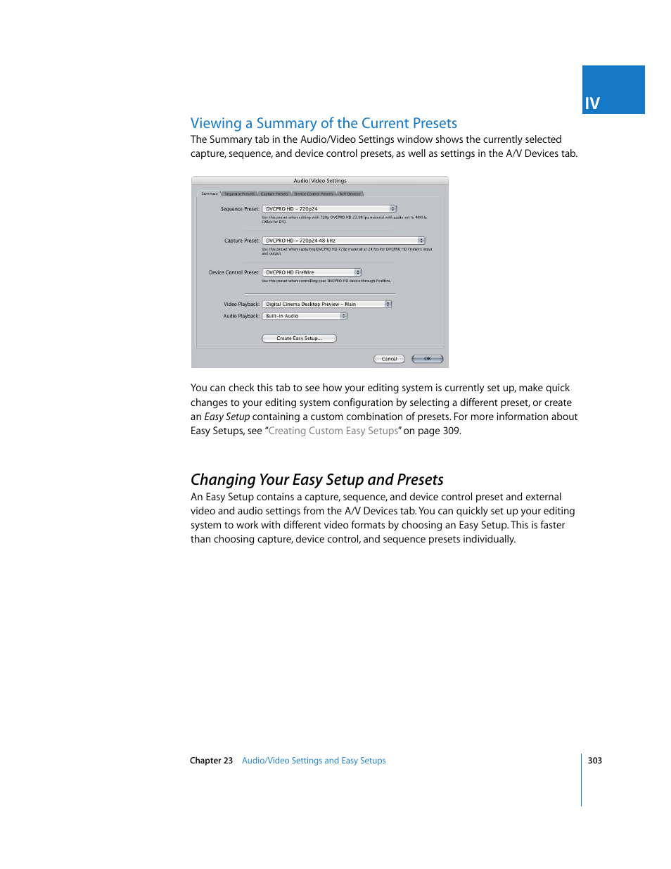 Viewing a summary of the current presets, Changing your easy setup and presets, P. 303) | Apple Final Cut Pro 5 User Manual | Page 1654 / 1868