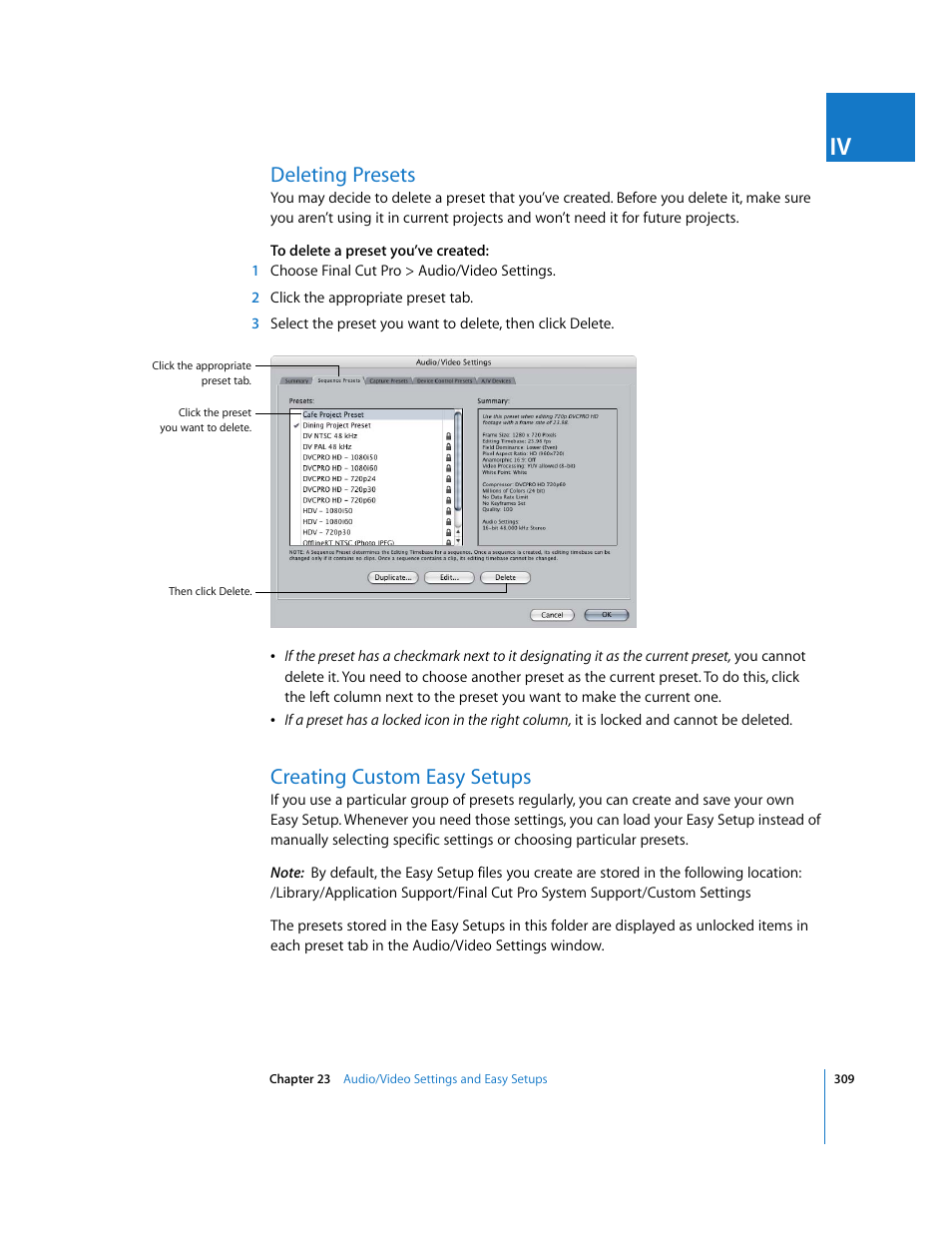 Deleting presets, Creating custom easy setups | Apple Final Cut Pro 5 User Manual | Page 1660 / 1868
