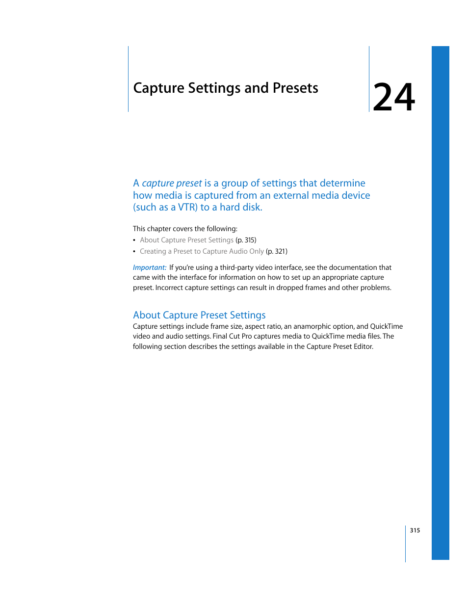 Capture settings and presets, About capture preset settings, Chapter 24 | See chapter 24, Capture settings and, Presets | Apple Final Cut Pro 5 User Manual | Page 1666 / 1868