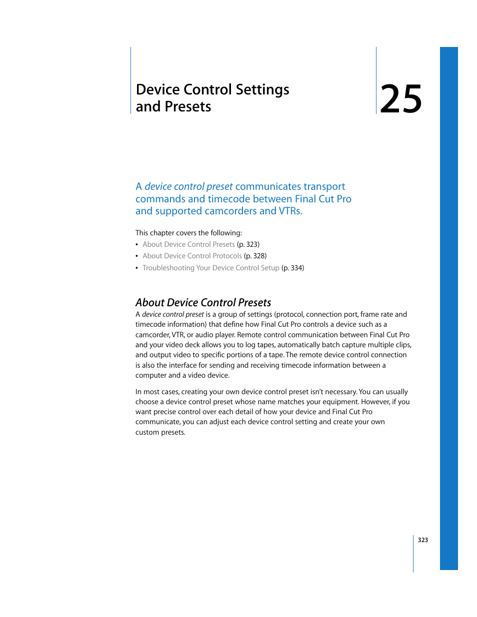 Device control settings and presets, About device control presets, Chapter 25 | See chapter 25, Device control settings, And presets | Apple Final Cut Pro 5 User Manual | Page 1674 / 1868