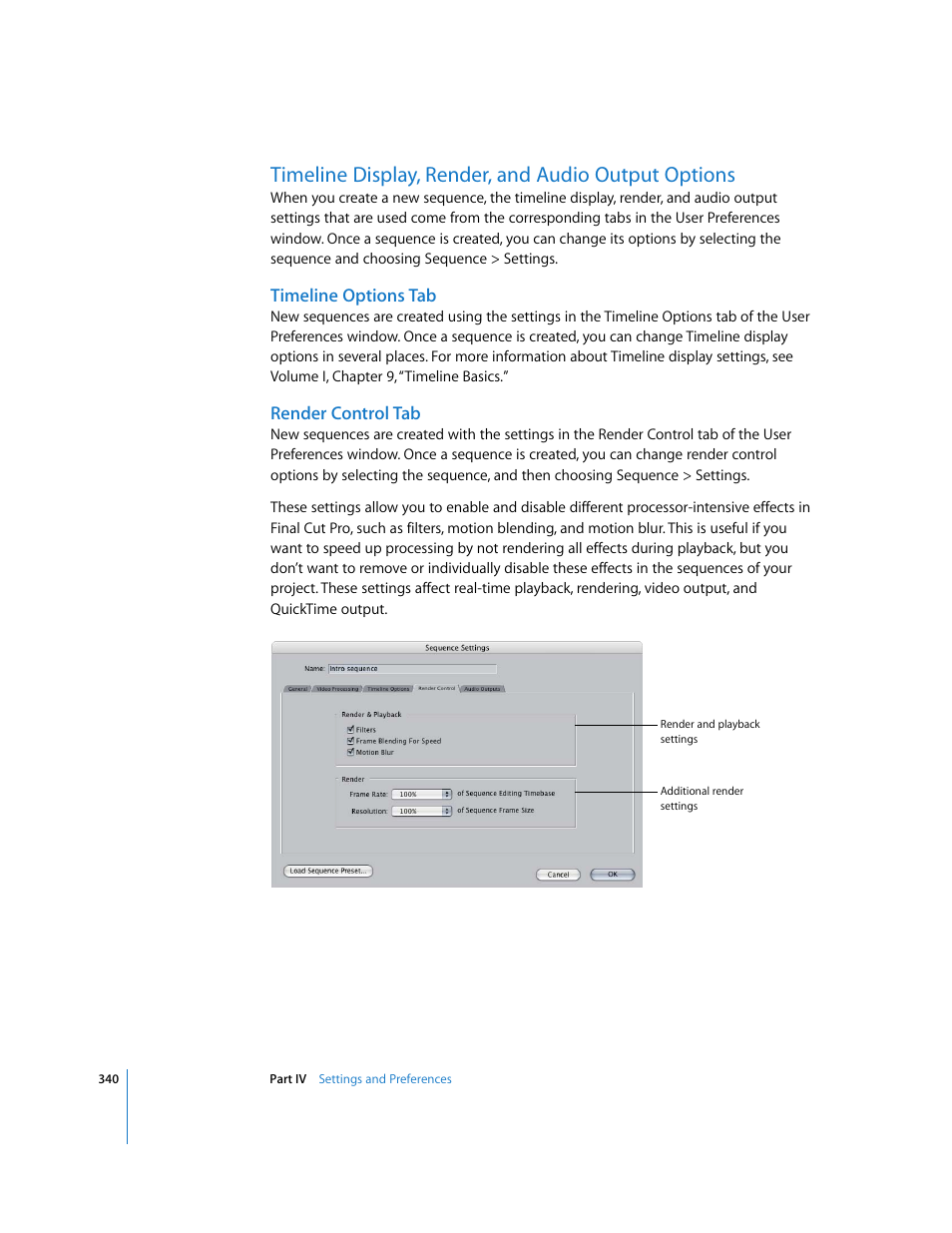 Timeline display, render, and audio output options, Timeline options tab, Render control tab | P. 340) | Apple Final Cut Pro 5 User Manual | Page 1691 / 1868