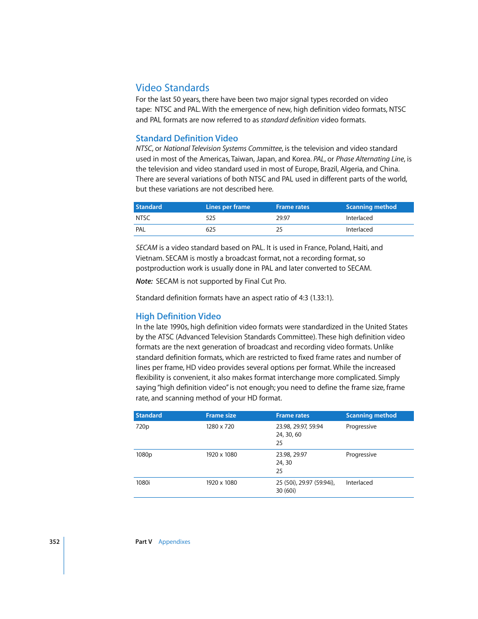 Video standards, Standard definition video, High definition video | Apple Final Cut Pro 5 User Manual | Page 1703 / 1868