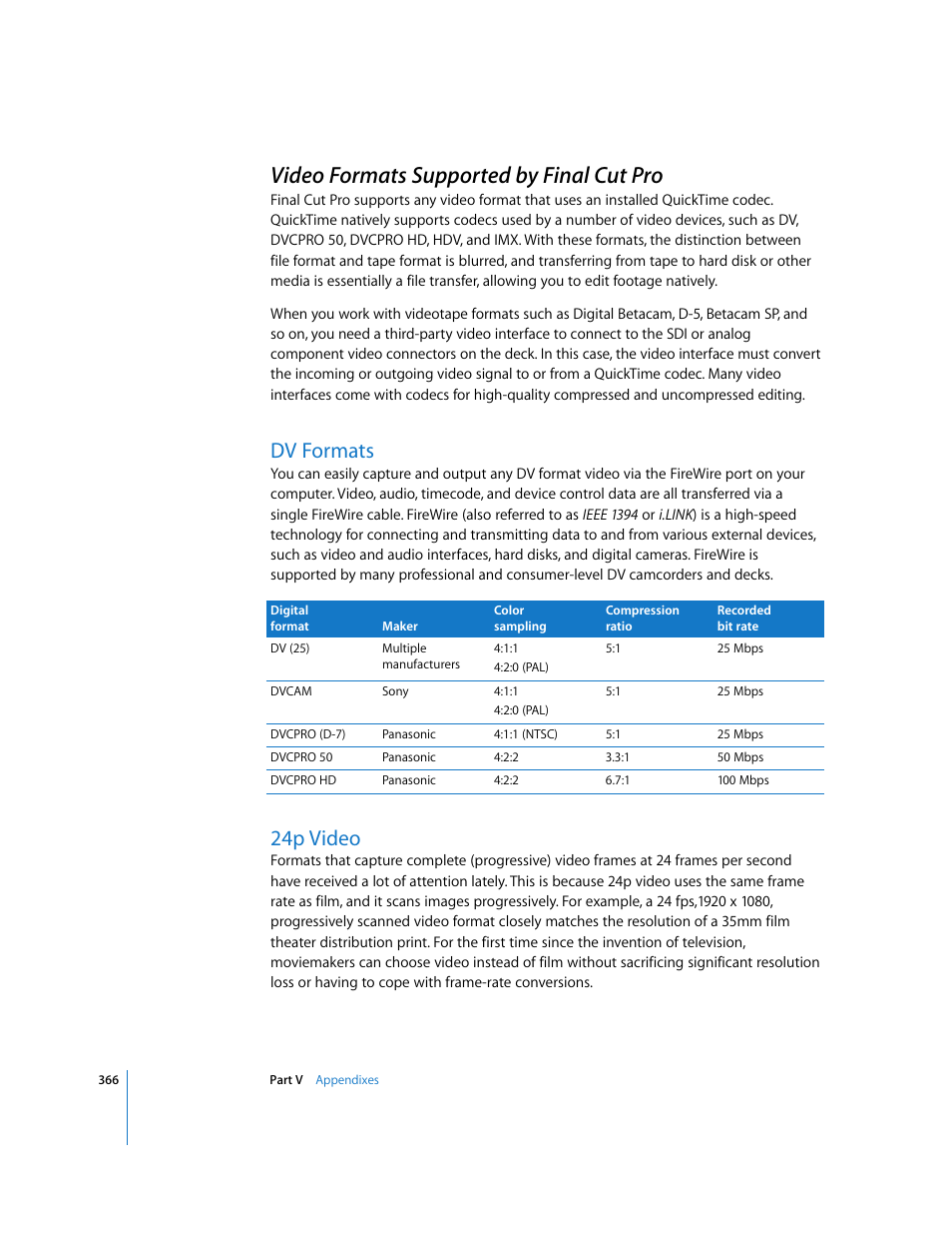 Video formats supported by final cut pro, Dv formats, 24p video | P. 366) | Apple Final Cut Pro 5 User Manual | Page 1717 / 1868