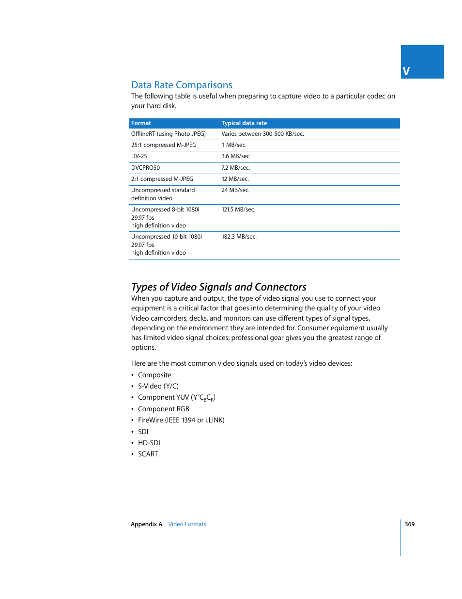 Data rate comparisons, Types of video signals and connectors, P. 369) | Apple Final Cut Pro 5 User Manual | Page 1720 / 1868