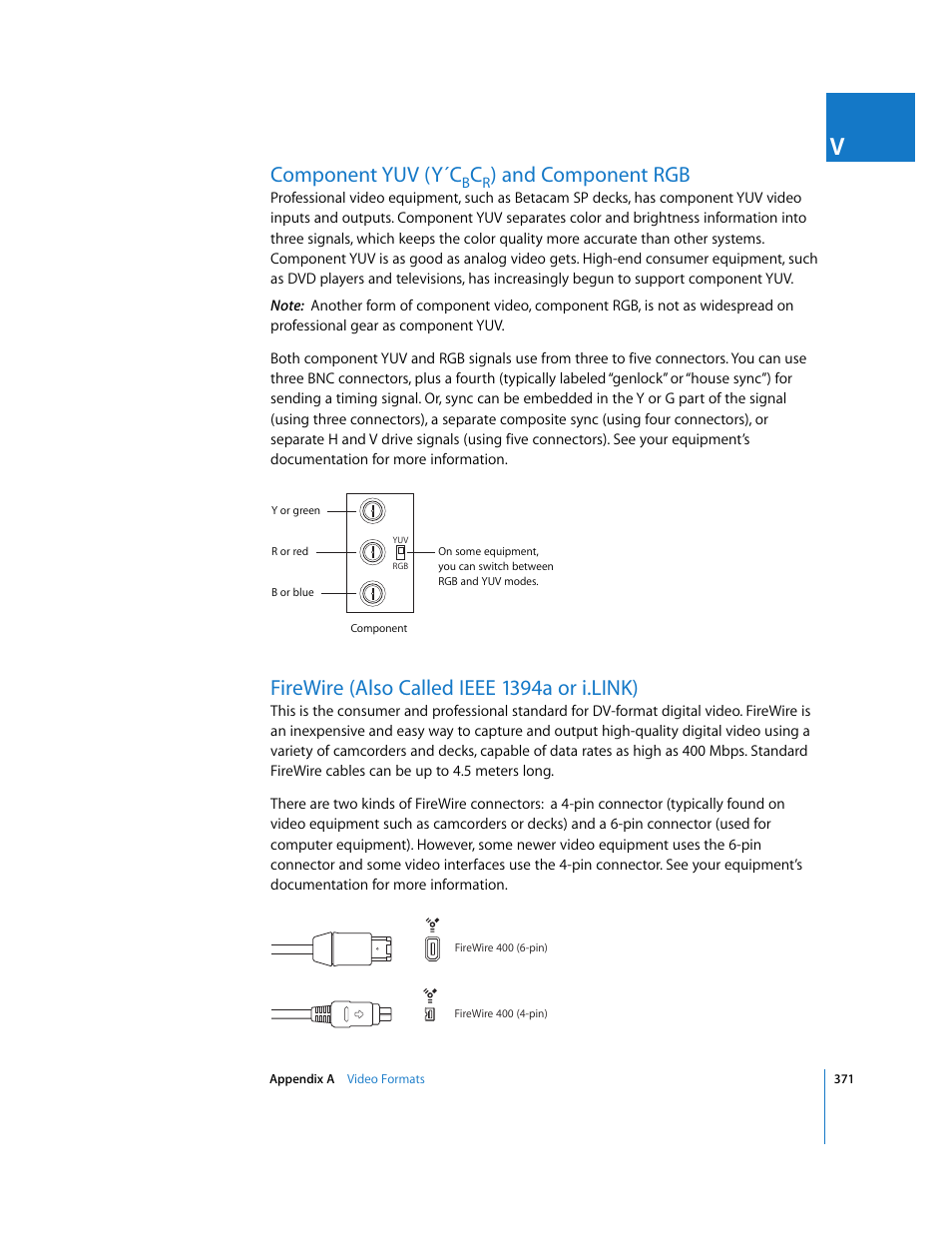 Component yuv (y´cbcr) and component rgb, Firewire (also called ieee 1394a or i.link), Component yuv (y´c | And component rgb | Apple Final Cut Pro 5 User Manual | Page 1722 / 1868