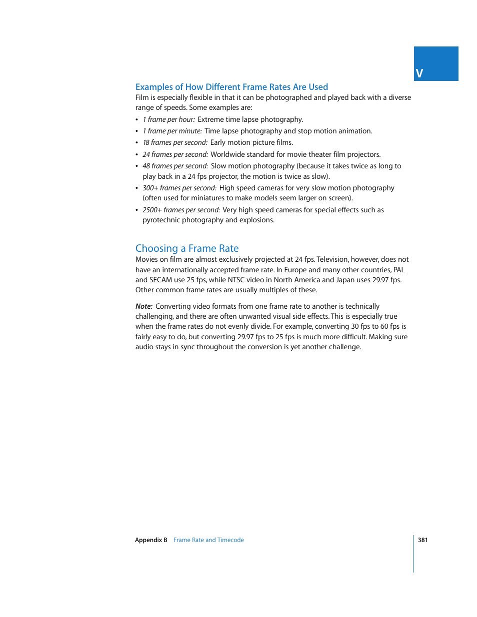Examples of how different frame rates are used, Choosing a frame rate, P. 381) | Apple Final Cut Pro 5 User Manual | Page 1732 / 1868