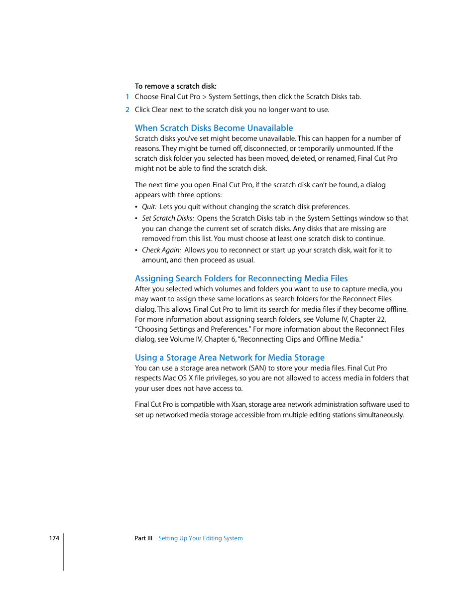 When scratch disks become unavailable, Using a storage area network for media storage | Apple Final Cut Pro 5 User Manual | Page 175 / 1868