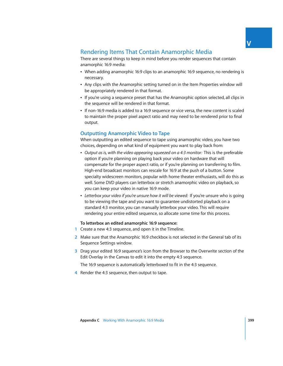 Rendering items that contain anamorphic media, Outputting anamorphic video to tape, P. 399) | Apple Final Cut Pro 5 User Manual | Page 1750 / 1868