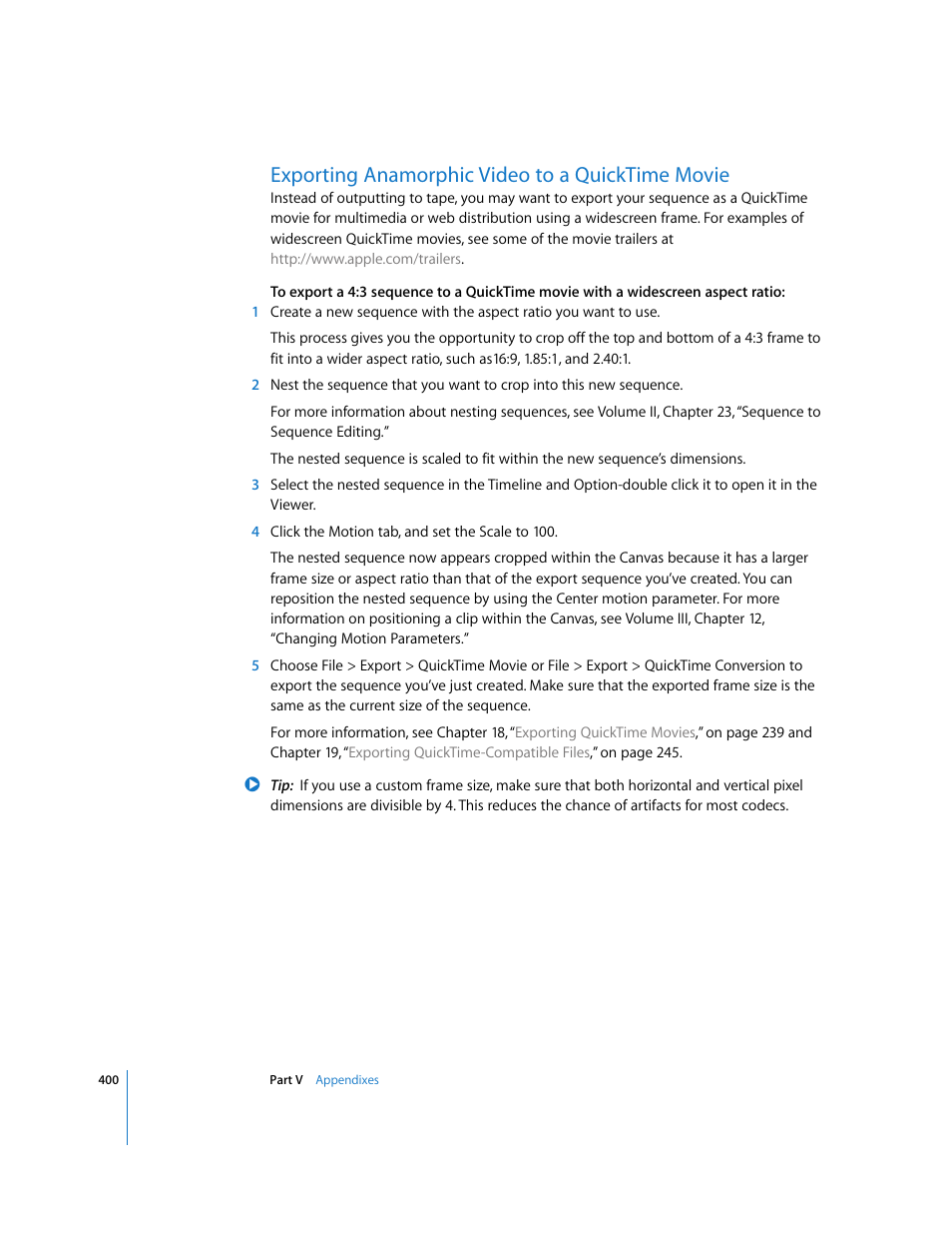 Exporting anamorphic video to a quicktime movie, P. 400) | Apple Final Cut Pro 5 User Manual | Page 1751 / 1868