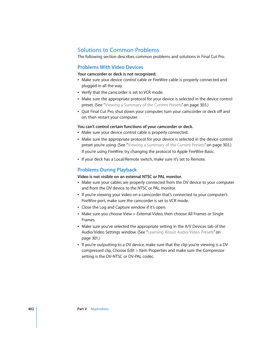 Solutions to common problems, Problems with video devices, Problems during playback | Problems during, Playback, P. 402) | Apple Final Cut Pro 5 User Manual | Page 1753 / 1868