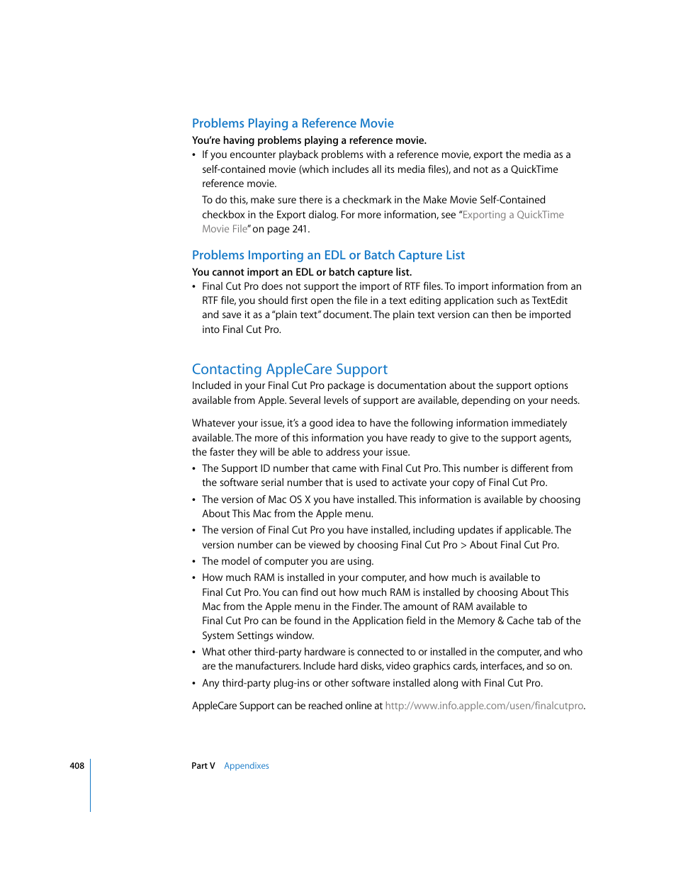 Problems playing a reference movie, Problems importing an edl or batch capture list, Contacting applecare support | P. 408) | Apple Final Cut Pro 5 User Manual | Page 1759 / 1868
