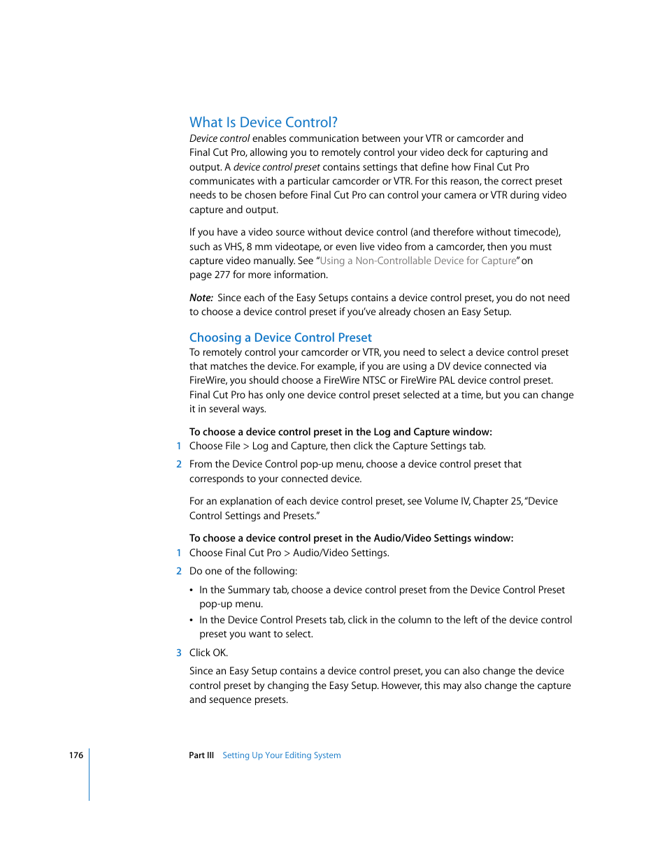 What is device control, Choosing a device control preset, P. 176) | Apple Final Cut Pro 5 User Manual | Page 177 / 1868