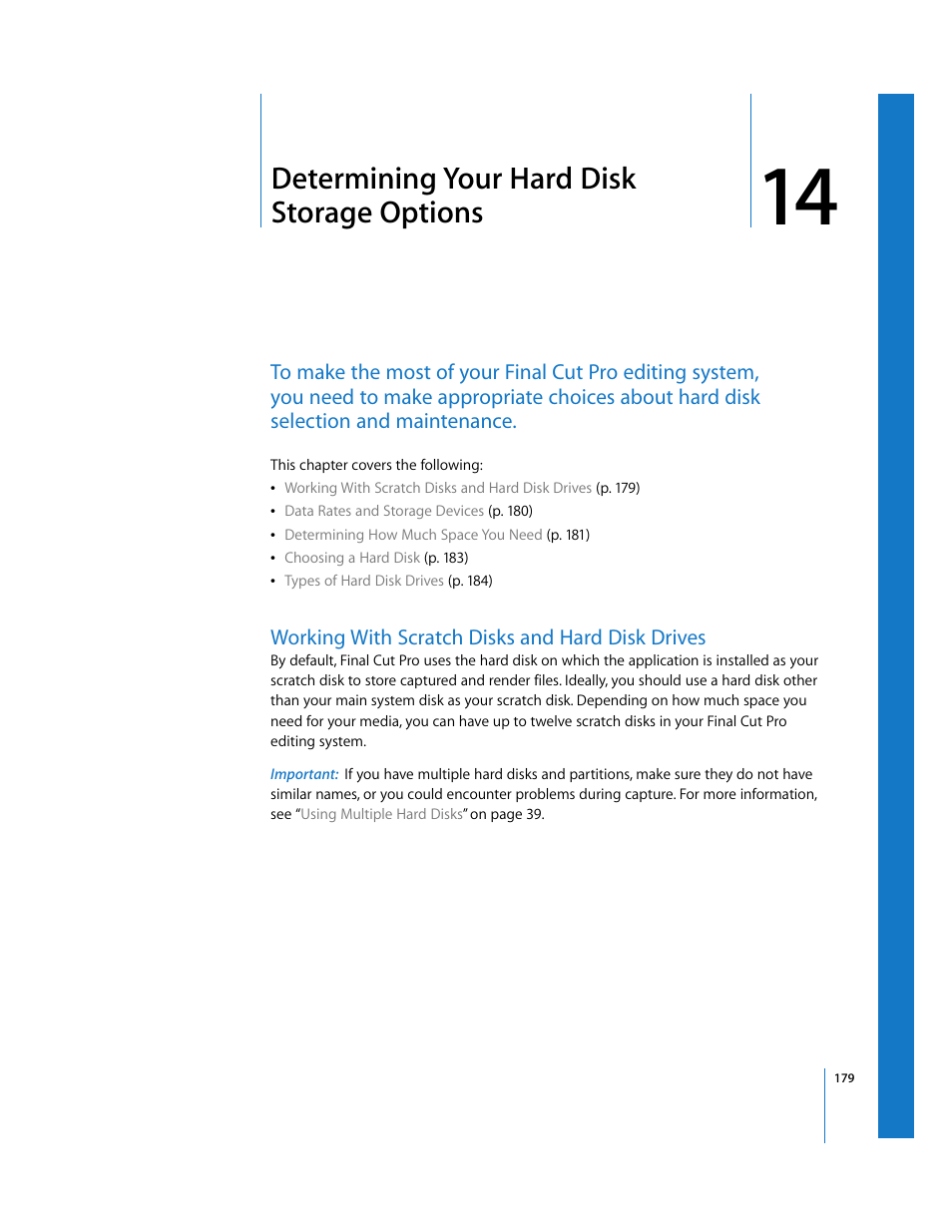 Determining your hard disk storage options, Working with scratch disks and hard disk drives, Chapter 14 | See chapter 14, Determining your hard disk storage, Options | Apple Final Cut Pro 5 User Manual | Page 180 / 1868