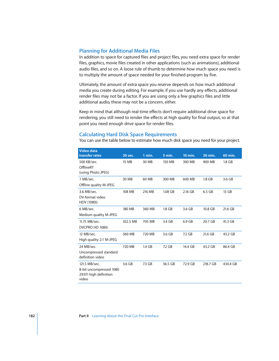 Planning for additional media files, Calculating hard disk space requirements | Apple Final Cut Pro 5 User Manual | Page 183 / 1868