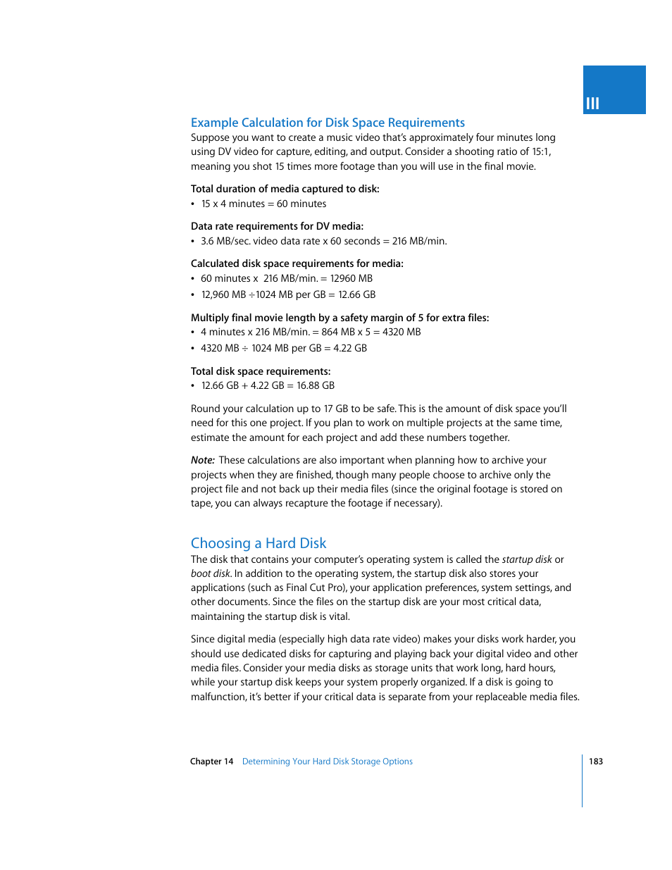 Example calculation for disk space requirements, Choosing a hard disk, P. 183) | Apple Final Cut Pro 5 User Manual | Page 184 / 1868