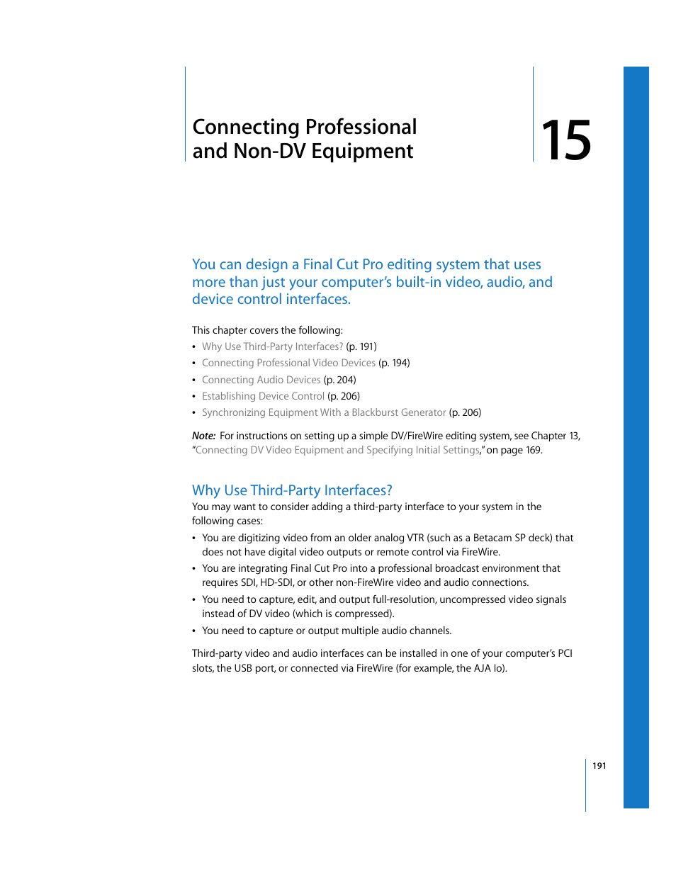 Connecting professional and nondv equipment, Why use third-party interfaces, Chapter 15 | Connecting professional and non-dv equipment | Apple Final Cut Pro 5 User Manual | Page 192 / 1868