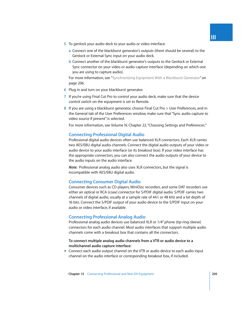 Connecting professional digital audio, Connecting consumer digital audio, Connecting professional analog audio | Apple Final Cut Pro 5 User Manual | Page 206 / 1868