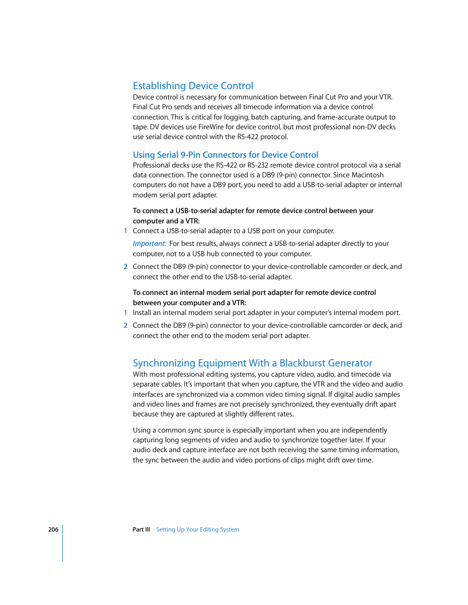 Establishing device control, Using serial 9-pin connectors for device control, P. 206) | Synchronizing equipment with, A blackburst generator | Apple Final Cut Pro 5 User Manual | Page 207 / 1868