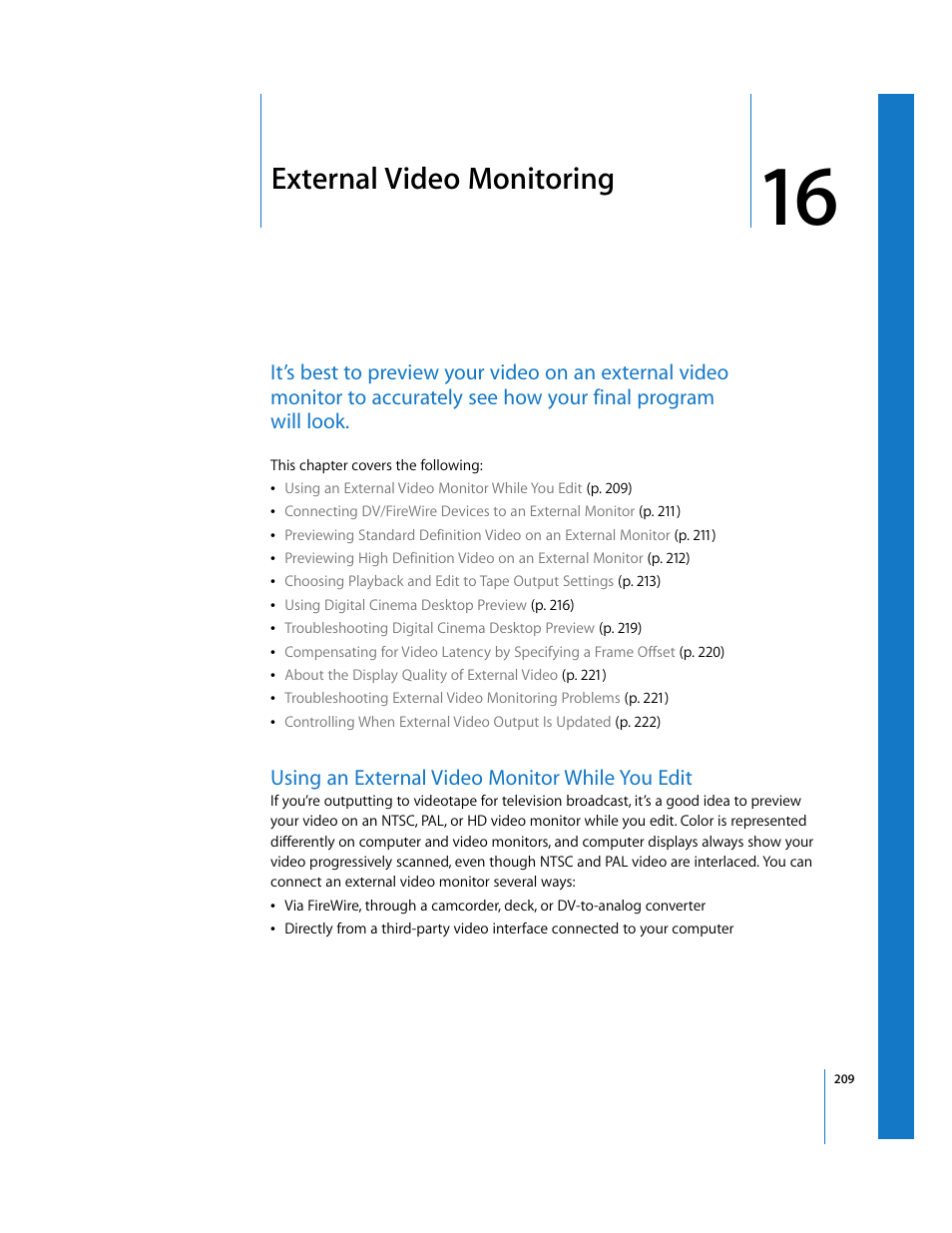 External video monitoring, Using an external video monitor while you edit, Chapter 16 | See chapter 16, External, Video monitoring | Apple Final Cut Pro 5 User Manual | Page 210 / 1868