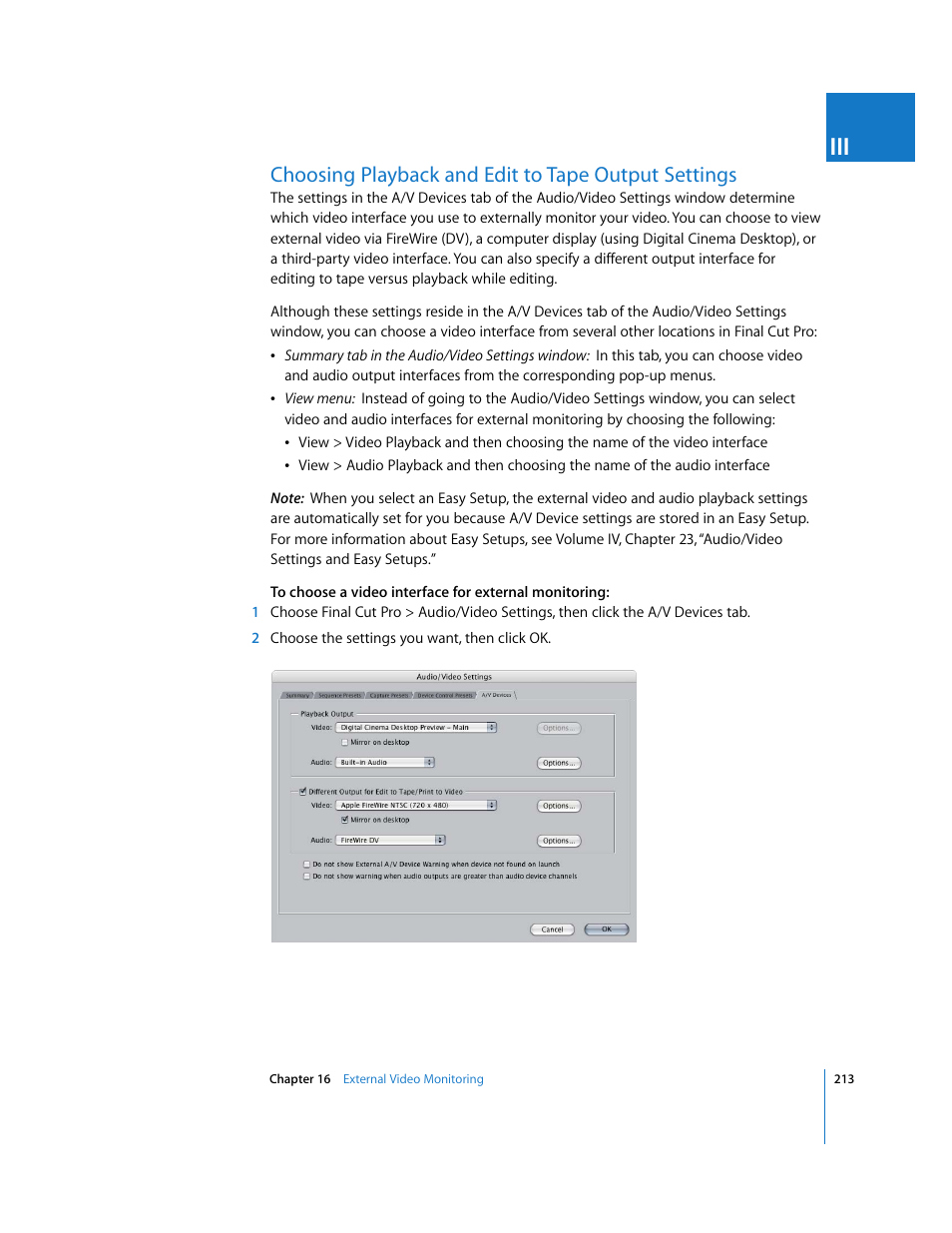 Choosing playback and edit to tape output settings, P. 213) | Apple Final Cut Pro 5 User Manual | Page 214 / 1868