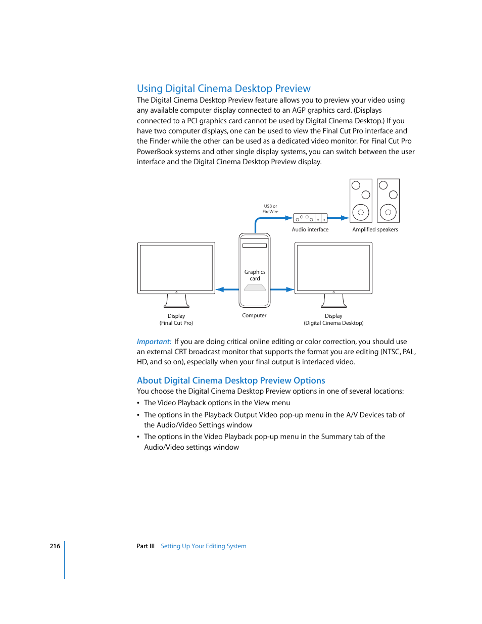 Using digital cinema desktop preview, About digital cinema desktop preview options, P. 216) | Using digital, Cinema desktop preview | Apple Final Cut Pro 5 User Manual | Page 217 / 1868