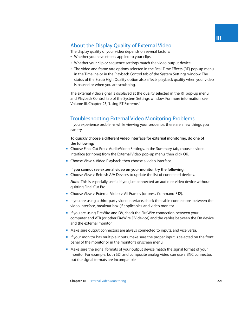 About the display quality of external video, Troubleshooting external video monitoring problems, P. 221) | Apple Final Cut Pro 5 User Manual | Page 222 / 1868